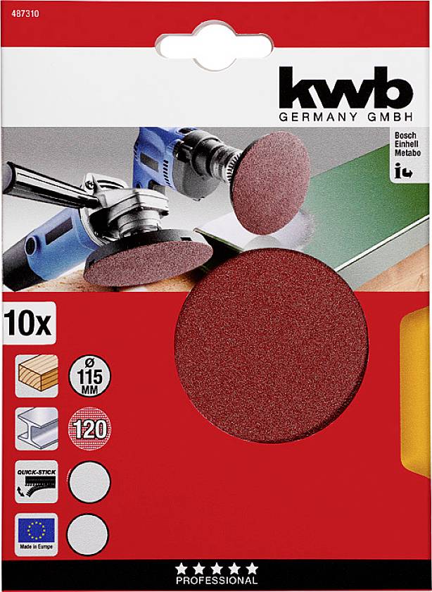 Paket z 10 brusilnimi ploščami, 115 mm, za uporabo z kotnim brusilnikom. Blagovna znamka in slike uporabe so vidne.