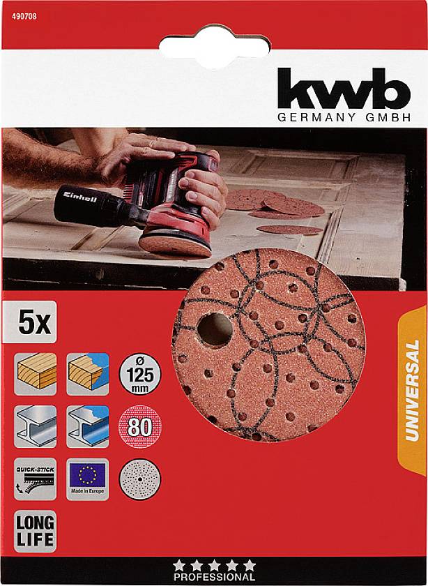 Paket brusilnih plošč znamke KWB. Vsebuje 5 okroglih brusilnih plošč, premer 125 mm, granulacija 80. Primerno za les, barvo, kovino.