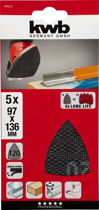 Pakiranje KWB brusilnih listov, 5 kosov, 97 x 136 mm, primerno za les, kovino in lak, z funkcijo 'Quick-Stick'.