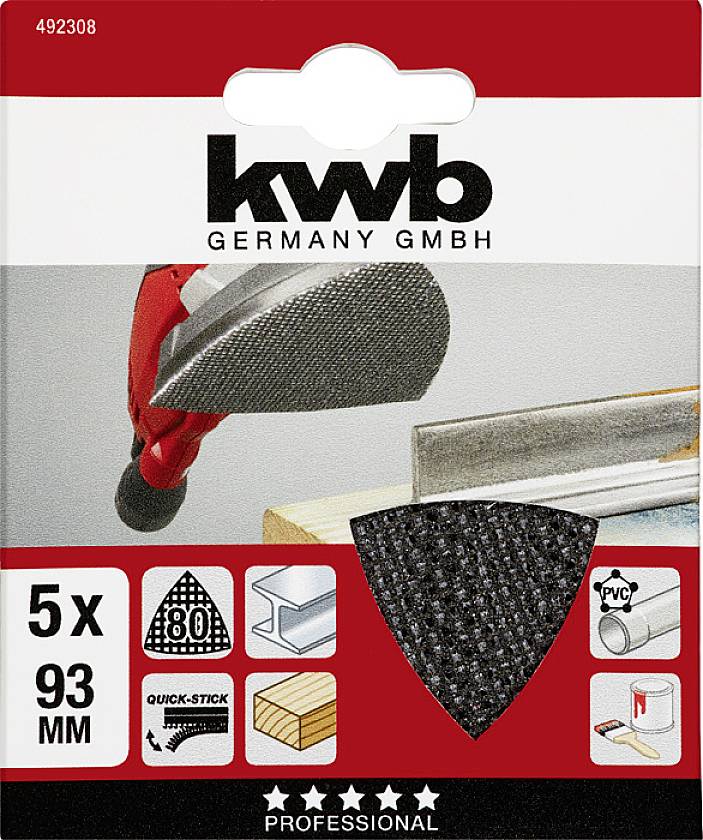 Pakiranje brusilnega papirja v trikotni obliki. Slika prikazuje brusilno blazinico, simbole za uporabo materiala in besedilo '5x 93 mm, kwb Germany GmbH'.