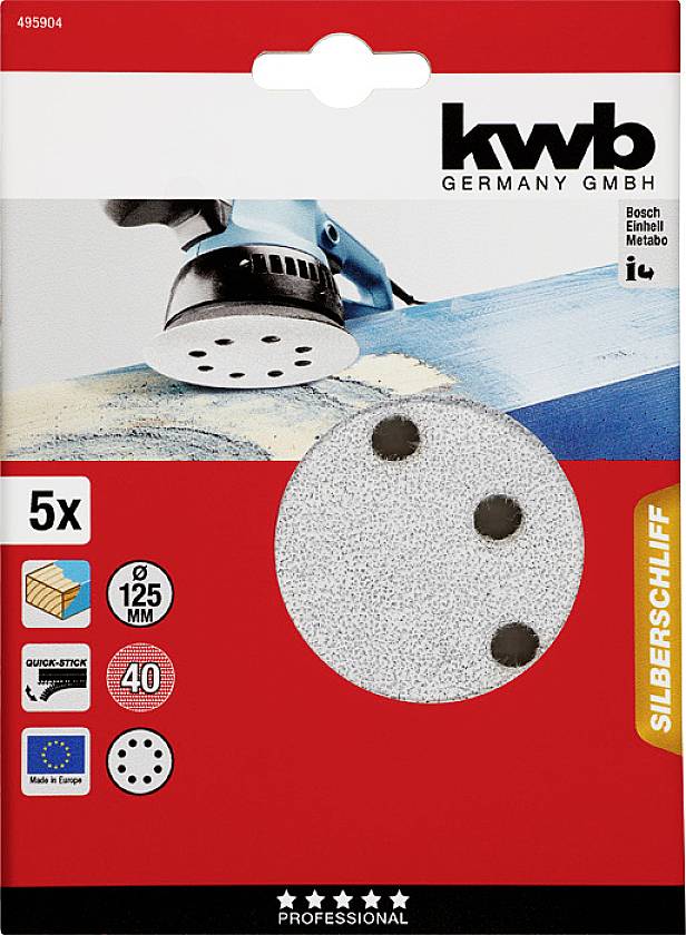 KWB Germany GmbH brusilni diski za 125 mm premer, zrnatost 40, s petimi brusnimi diski, primerni za Bosch, Einhell, Metabo.