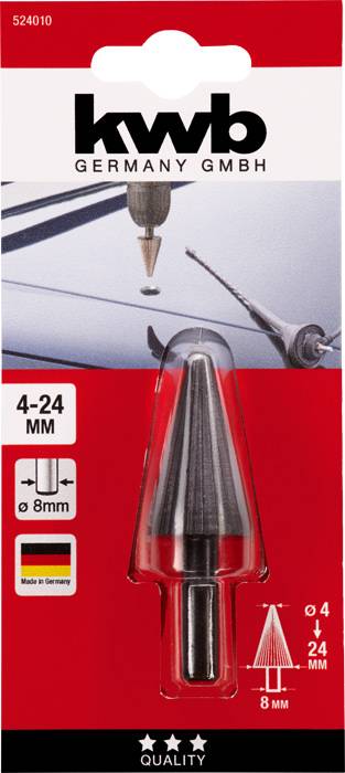 Embalaža stopenjskega svedra znamke 'kwb Germany' za premer 4-24 mm, z ilustracijo orodja in primerom uporabe na rdečem ozadju.