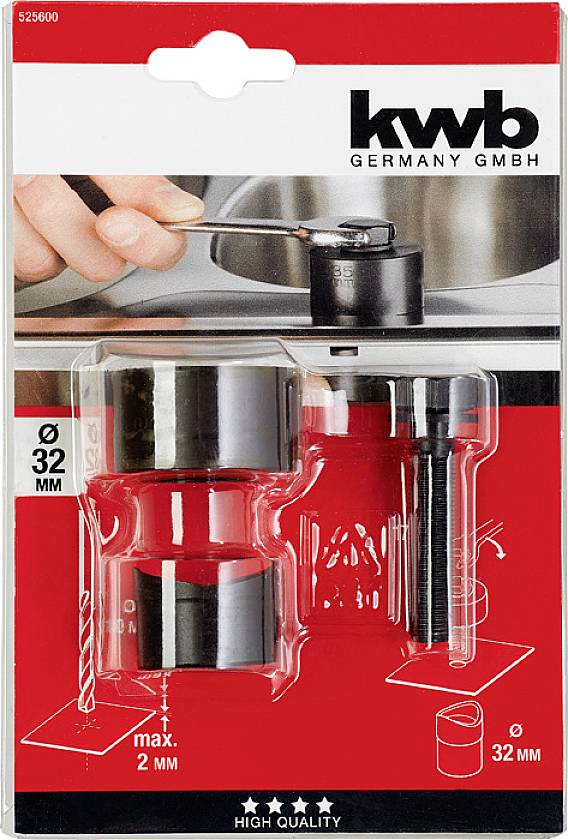 'Kwb Nemčija d.o.o. set žaginih lukenj, Ø 32 mm, maks. 2 mm debelina materiala, vsebuje dve žagini luknji in pribor. Primerno za obdelavo kovin.'
