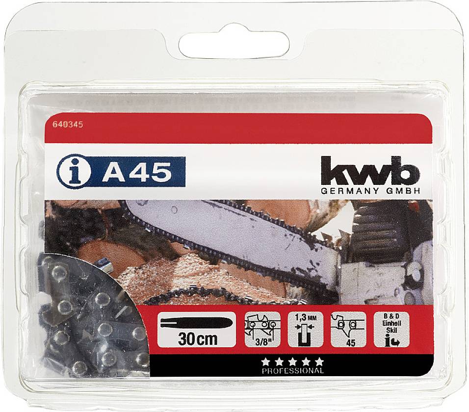Embalaža za verigo motorne žage, znamka 'kwb Germany GmbH'. Mere: 30 cm, delitev verige: 3/8 palca, debelina pogonskega člena: 1,3 mm.