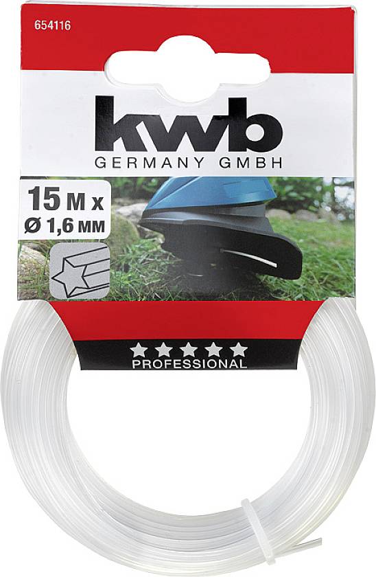 Trimerska tuljava, 15 metrov x 1,6 mm, podjetja KWB Germany GmbH. Embalaža prikazuje sliko trimerja.