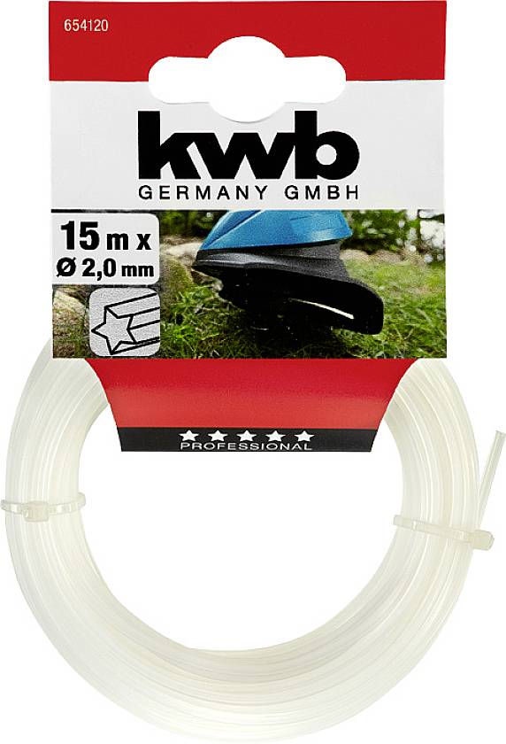 Tuljava s 15 metri, 2,0 mm debelim trimerskim trakom, primerna za kosilnico z nitko. Pakirana z logotipom 'kwb Germany GmbH'.