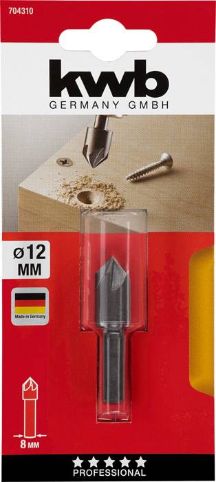 'Kwb Germany GmbH' potopni sveder, premer 12 mm, na rdečem ozadju, vijak in izvrtana luknja poleg, 'Izdelano v Nemčiji'.