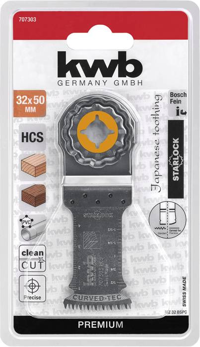Žagin list podjetja kwb Germany GmbH v plastični embalaži. Primeren za les in kovino, združljiv z napravami Bosch in Fein.