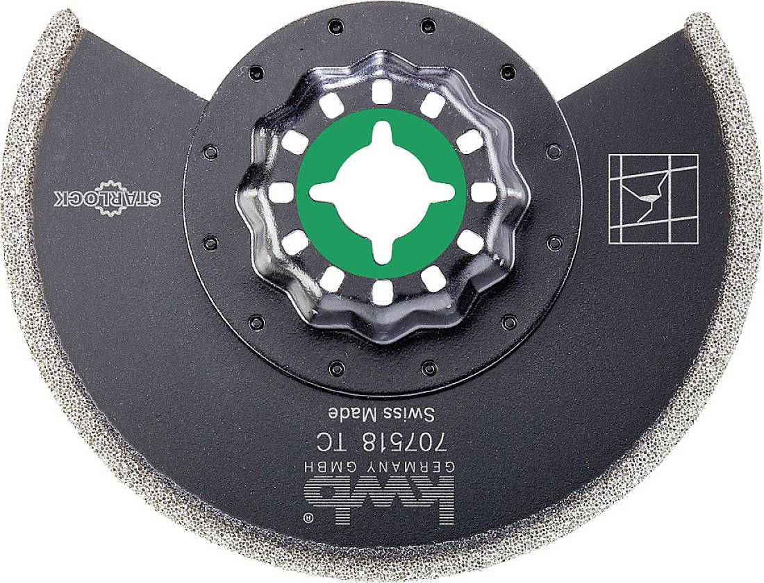 Brusilni disk z nazobčanim robom, označen z zeleno sredino, prikazuje logotip blagovne znamke in napis 'Made in Switzerland'.