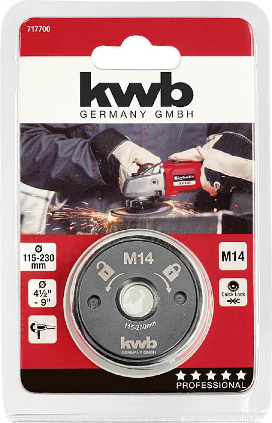 Embalaža brusilne plošče podjetja KWB Germany GmbH, primerne za kotni brusilnik, premer 115-230 mm, navoj M14.