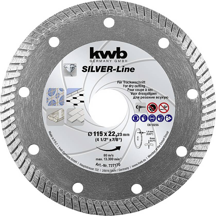 Rezalna plošča 'KWB Silver-Line' za suho rezanje, premer 115 mm. Primerna za ploščice, gres, marmor.