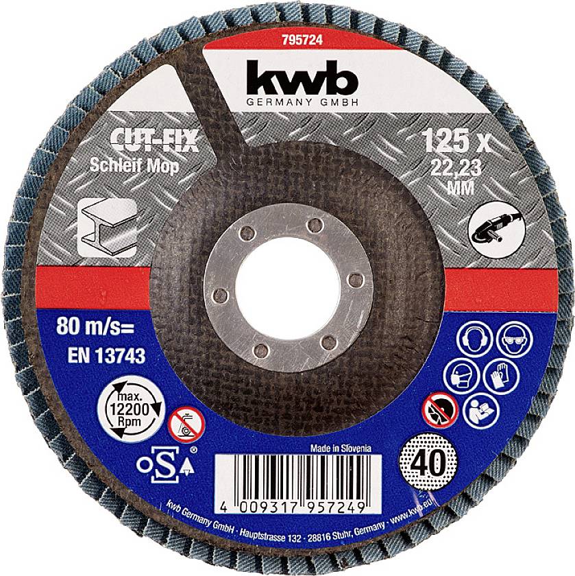 Brusilni mop-disk, premer 125 mm, za hitrosti do 80 m/s in maks. 12.200 obr/min, certificiran po EN 13743.