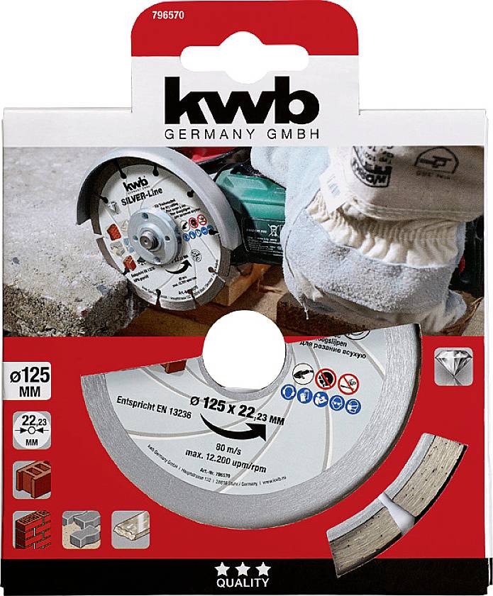 Embalaža kompleta brusilnih plošč. Prikazuje roko, ki drži ploščo na kotnem brusilniku. Besedilo: 'kwb', premer: 125 mm.