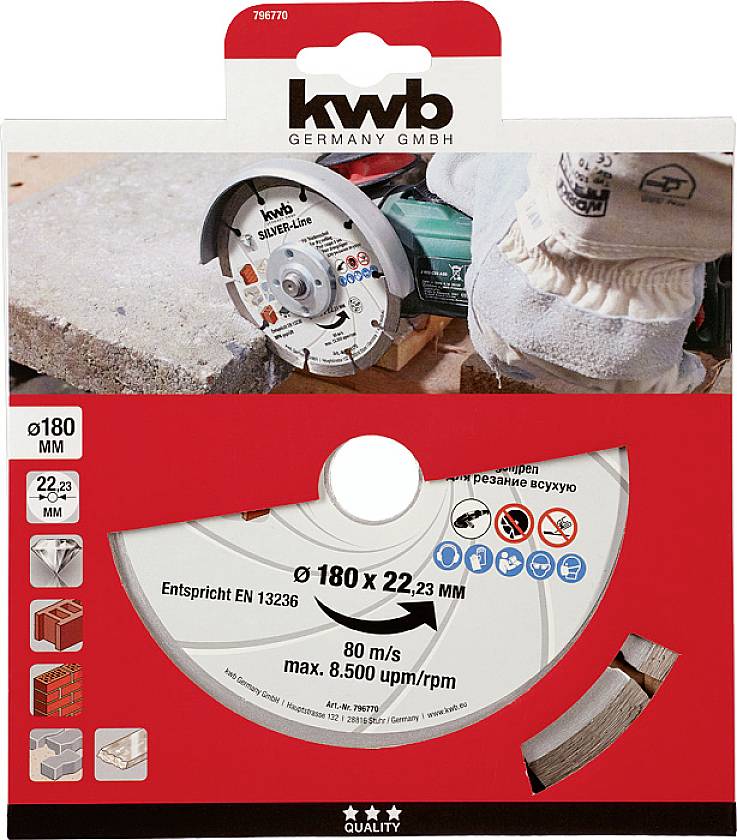 'Kwb rezalna plošča 180 mm, primerna za beton in kamen, max. 8500 obr./min, certificirana po EN 13236' prikazuje sliko kotnega brusilnika med delovanjem.