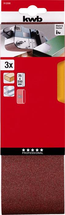 Embalaža brusilnih trakov znamke 'kwb', primerna za tračni brusilnik. Vsebuje 3 kose: 75 x 510 mm, granulacija 80.