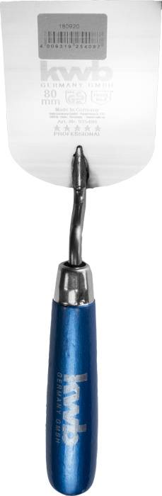 Zidarsko žlico z modrim ročajem in kovinskim rezilom. Besedilo in črtna koda na rezilu.