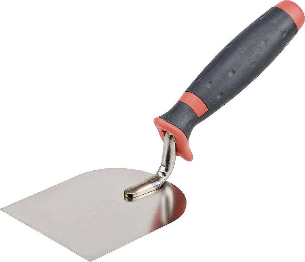 Ploščata kovinska lopatica z črnim ročajem in rdečimi poudarki, namenjena glajenju ali špaclovanju površin.