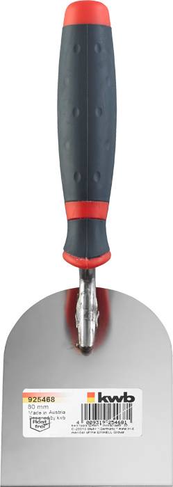 Zidarsko žlico z temno sivim ročajem in rdečim obročkom na koncu ročaja. Na žlici nalepka z logotipom 'kwb' in tehničnimi podatki.