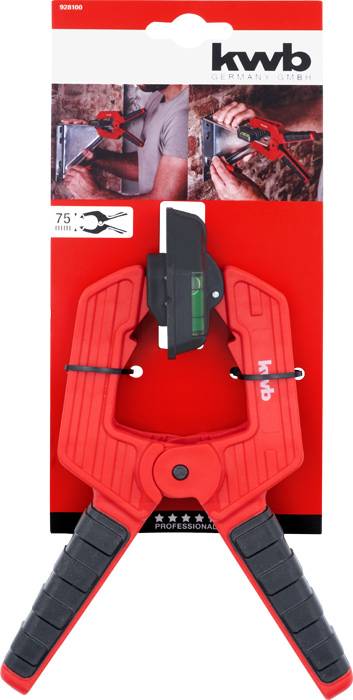 Професионalna pritisna libela, rdeča objemka z vgrajeno libelo, namenjena natančnemu poravnavanju površin. Embalaža prikazuje uporabo.