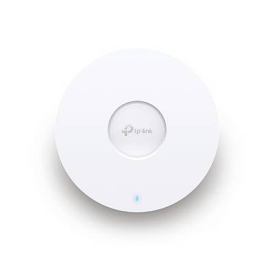 Bel, okrogel TP-Link WLAN dostopni point z majhno modro LED lučko na spodnji strani.