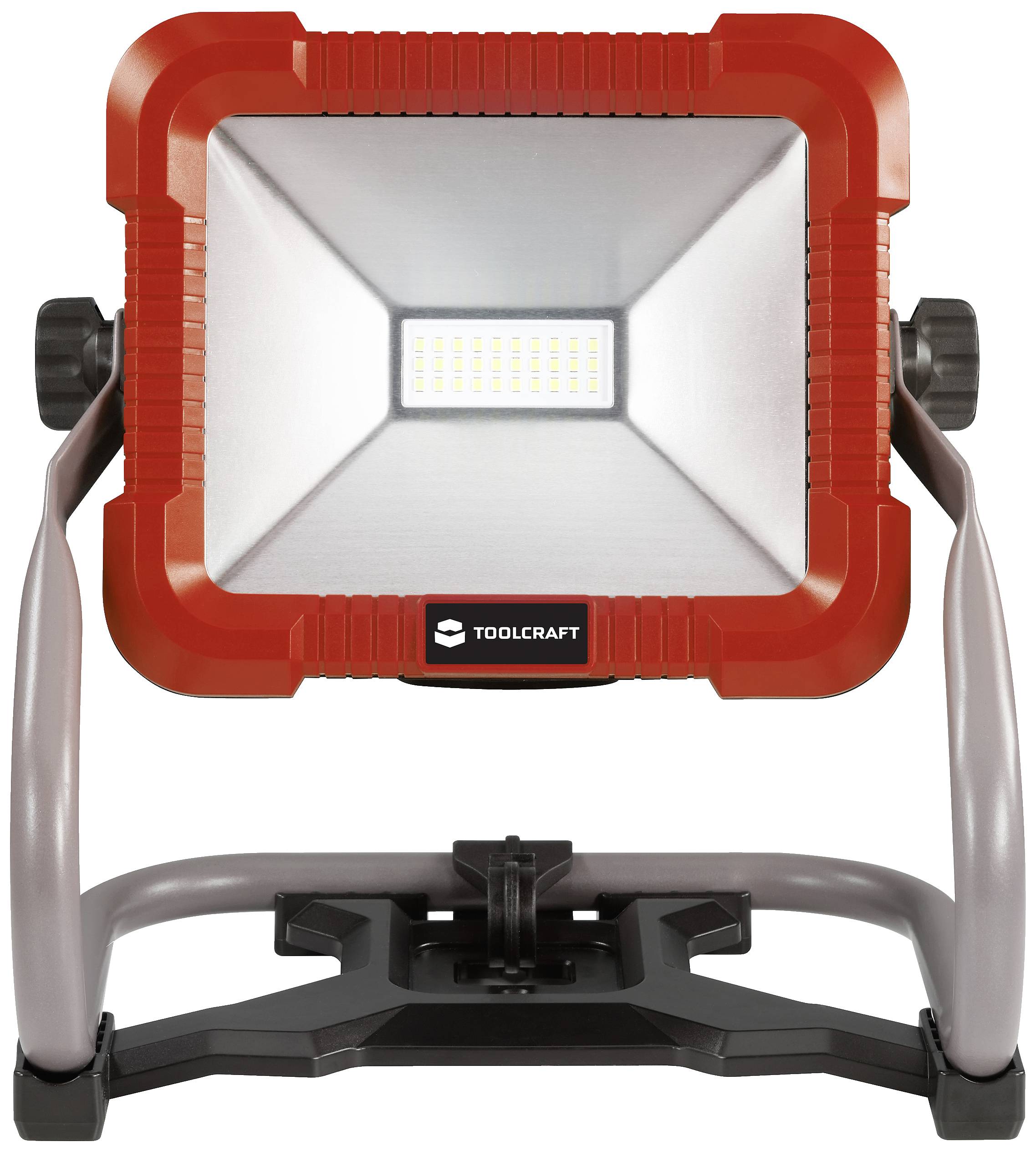 LED-reflektor rdeče barve z sivim podstavkom, znamke TOOLCRAFT. Primeren za delo v slabih svetlobnih pogojih.