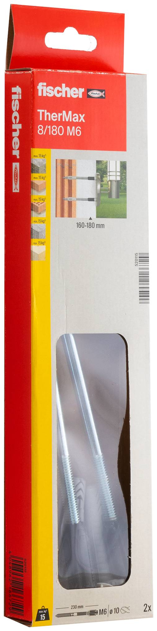 Embalaža 'fischer TherMax 8/180 M6', prikazuje dve navojni palici, primerni za toplotno izolacijo debeline 160 do 180 mm. Slika pritrjenih palic od zunaj.