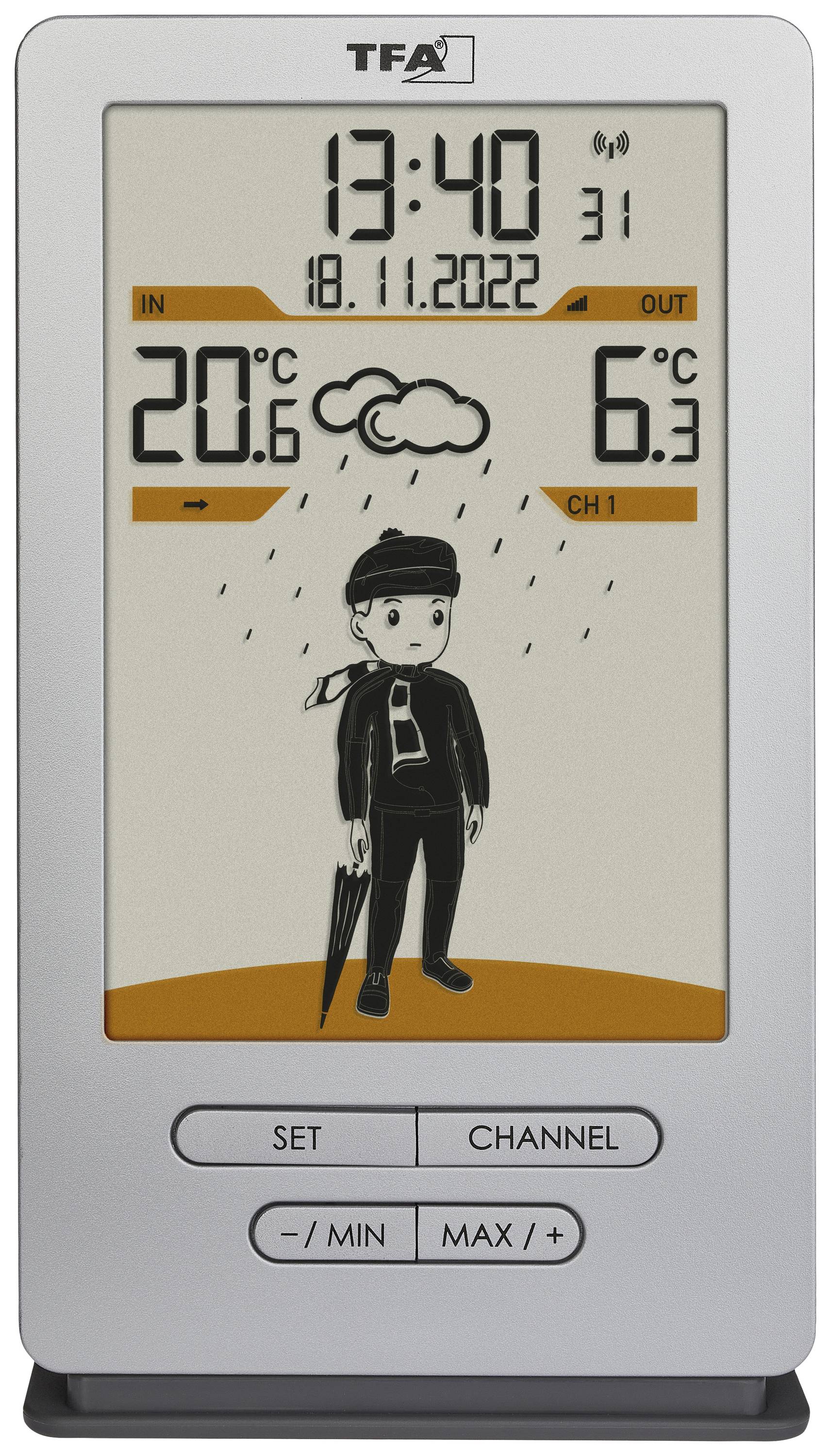 Elektronska vremenska postaja prikazuje notranjo temperaturo 20,6°C in zunanjo temperaturo 6,3°C. Ilustracija deževnega vremena s figuro.