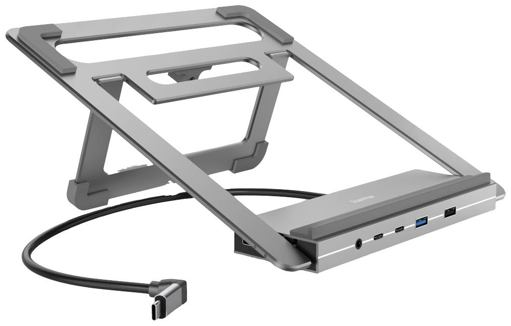 Prenosni stojalo z vgrajenim USB-C zvezdiščem, več priključki in nastavljivo zasnovo za ergonomsko delo.