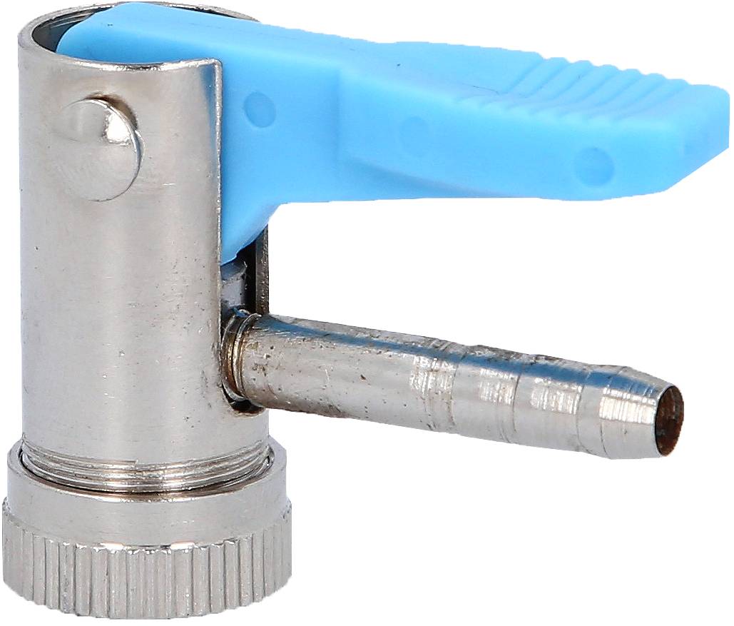 Kovinska sponka z modrim vzvodi, pogosto uporabljena za pritrjevanje cevi na črpalke.