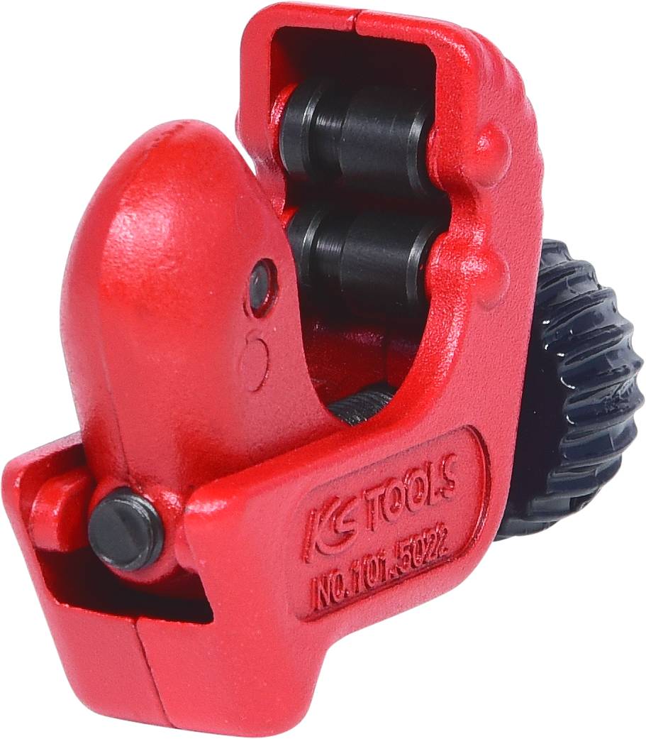 Rdeče orodje za rezanje cevi s črnim nastavitvenim kolesom, primerno za rezanje cevi. Besedilo na orodju: 'KS TOOLS'.