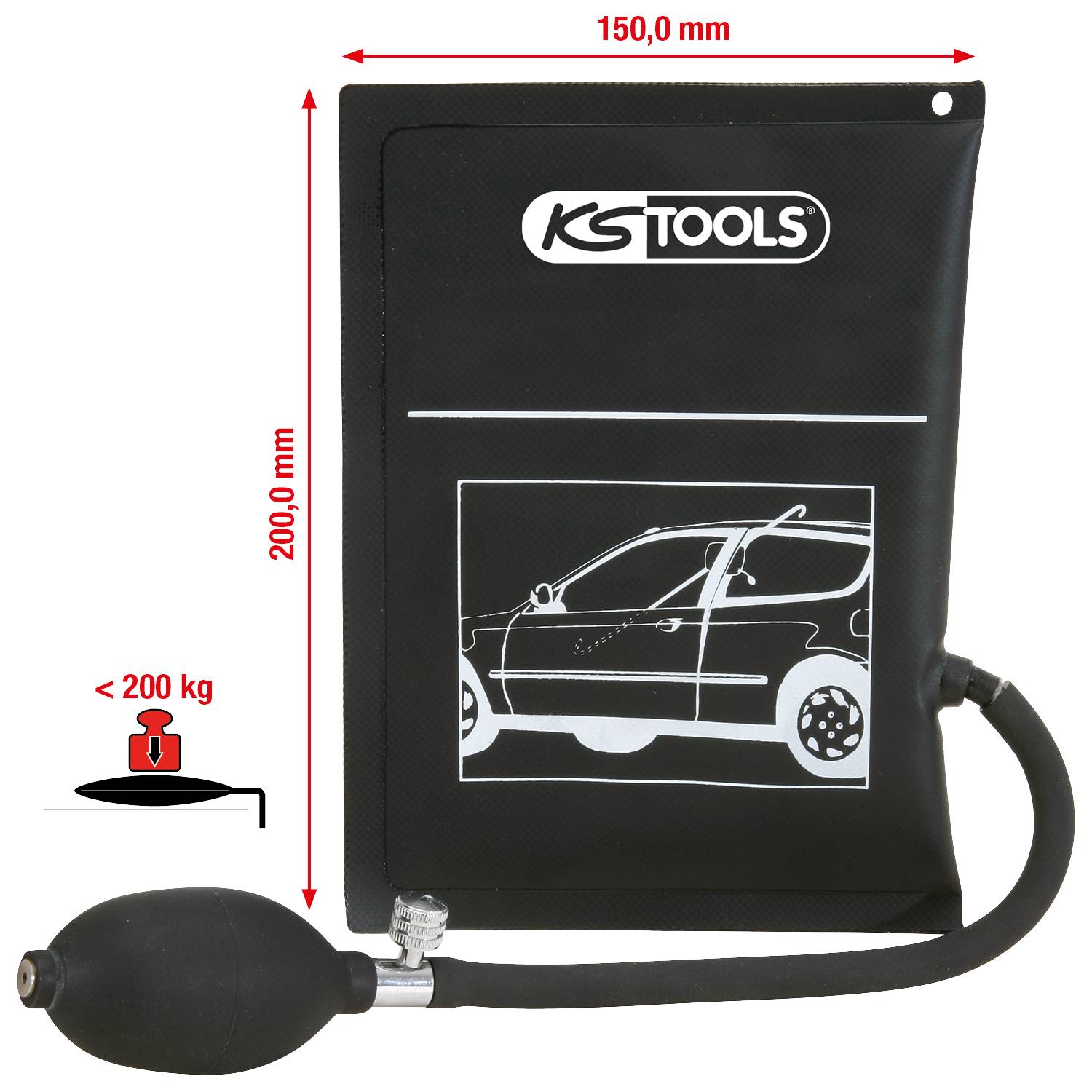 Pnevmatski dvižni valj znamke KS Tools, primeren za bremena do 200 kg. Mere: 150 mm širine, 200 mm višine. Na njem je odtisnjena slika avtomobila.