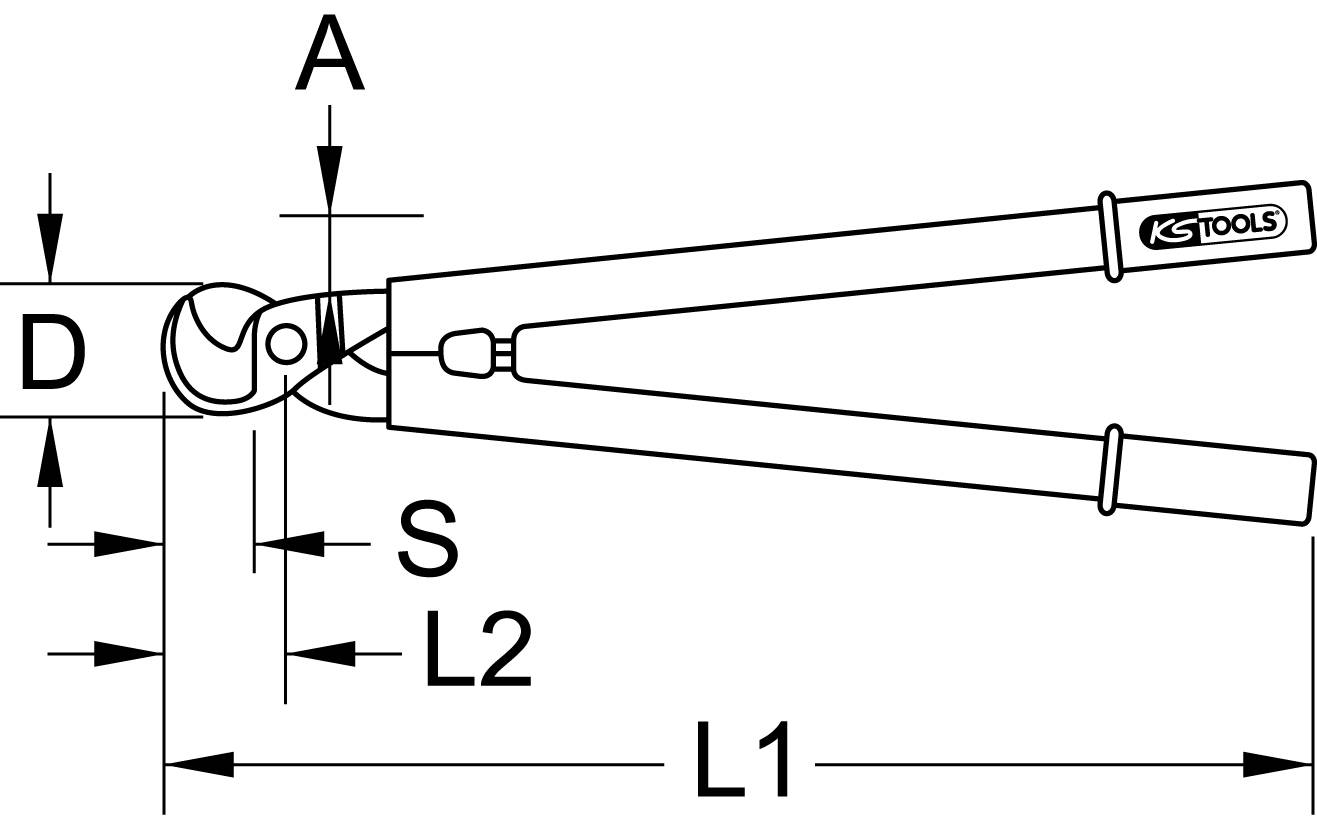 Diagram orodja za rezanje kablov z označenimi merami A, D, S, L2 in L1. Prikazuje strukturo orodja in merske podatke za določanje velikosti.