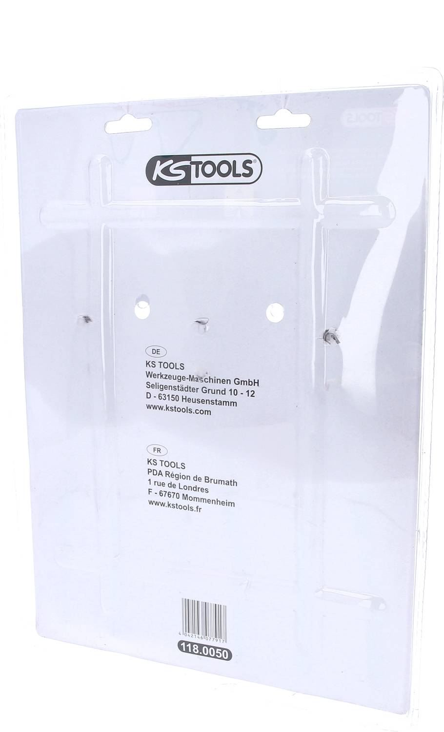 Embalaža KS Tools z logotipom in kontaktnimi informacijami za KS Tools Werkzeug-Maschinen GmbH. Številka artikla: 118.0050.