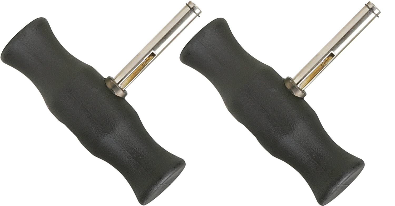Dva črna gumijasta ročaja s kovinastimi konicami, verjetno deli orodja, na beli podlagi.