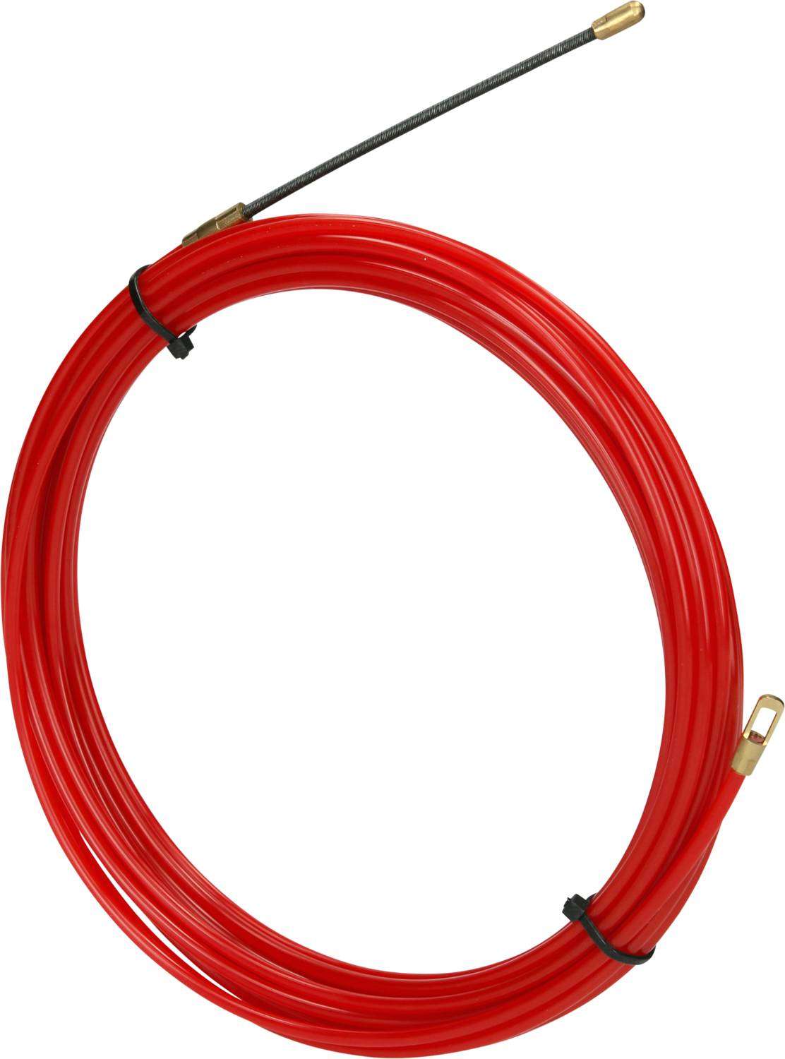 Rdeč kabel s kovinskim zaključkom, zvit v zanko. Verjetno namenjen namestitvi ali vzdrževanju kablov.