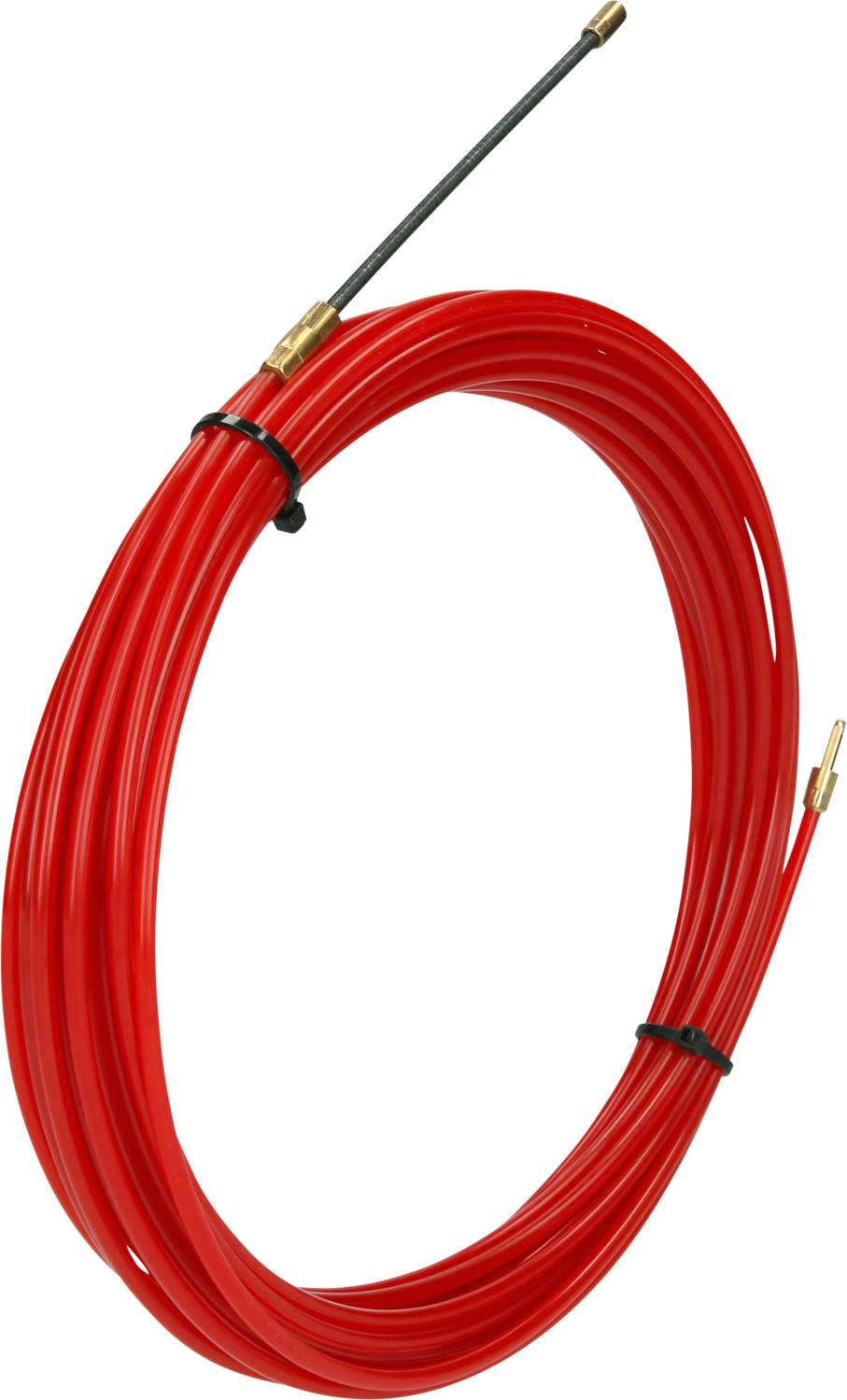 Rdeč kabel ali žica je zvit v krog. Na obeh koncih so pozlačeni priključki.