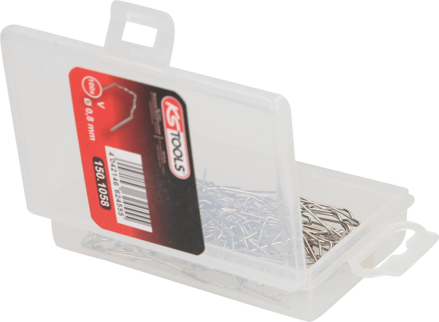 Odprta škatla s srebrnimi žeblji, označena z 'KS Tools, 100g, 0,8mm'.