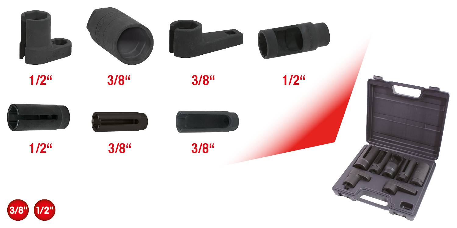 Set šestih črnih izvlečnih orodij različnih velikosti, 1/2" in 3/8", z ustreznim kovčkom na beli podlagi.
