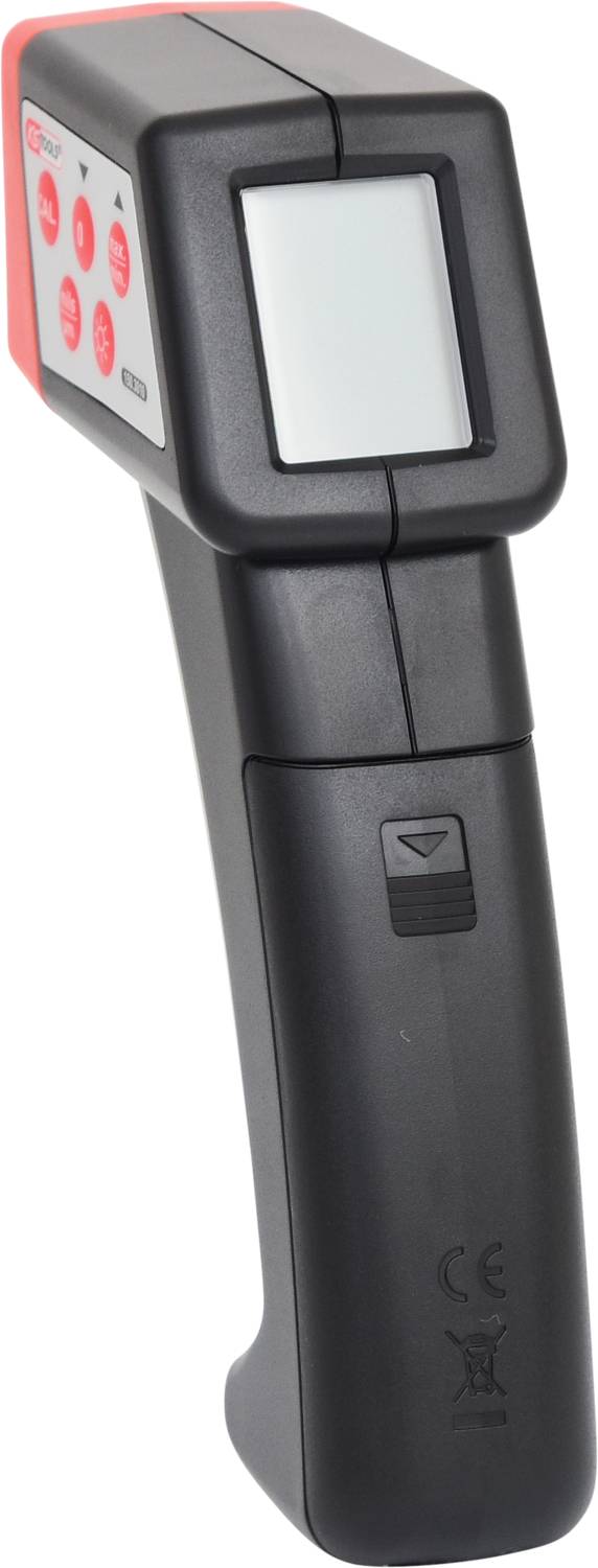 Digitalni infrardeči termometer s pravokotnim zaslonom in upravljalnimi tipkami, črno ohišje, primeren za brezkontaktno merjenje temperature.