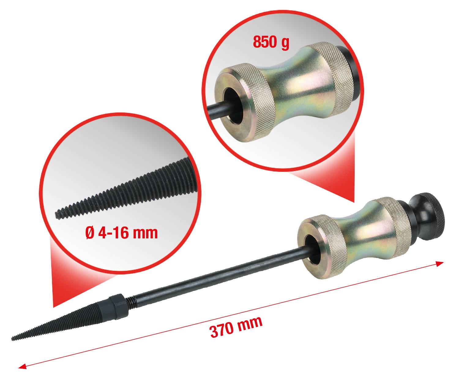 Cilindrično orodje, dolgo 370 mm, težko 850 g, s koničasto konico, katere premer variira od 4 do 16 mm.