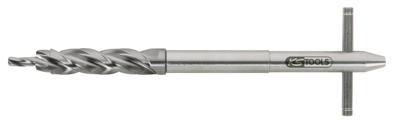 Kovinski spiralni svedder z T-ročajem znamke KS Tools, primeren za vrtanje v kovinske površine, na belem ozadju.