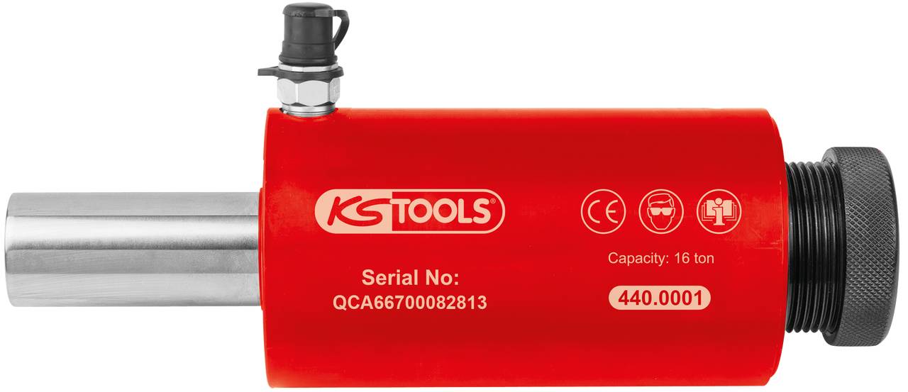 Rdeč hidravlični valj s srebrnim batom. Napis: 'KS TOOLS', kapaciteta: 16 ton, serijska številka: 'QCA6670008213'.