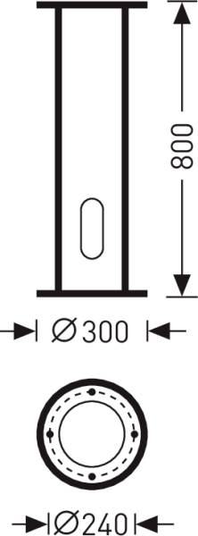 Tehnična risba cilindričnega objekta z višino 800 mm in premerom 300 mm. Krožna osnova s premerom 240 mm.