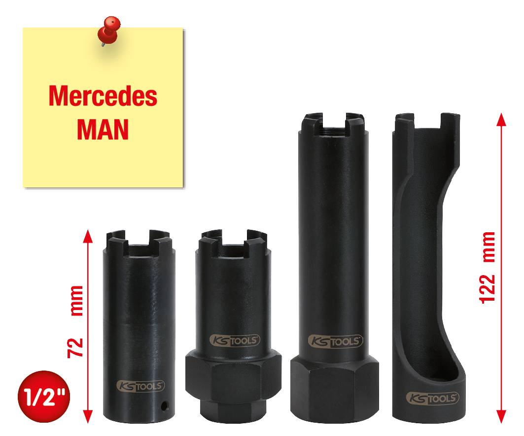 Specialno orodje z štirimi črnimi natičnimi ključi za uporabo pri Mercedes in MAN vozilih. Velikosti: od 72 mm do 122 mm, pogon 1/2".