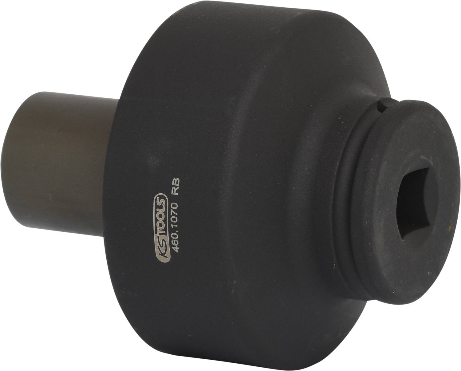 Črn, cilindrični adapter za orodje s pogledom s strani. Napis 'KS Tools 460.1070 RB'.