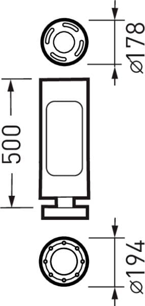 Tehnična risba dela s parametri: višina 500 mm, zgornji premer 178 mm, spodnji premer 194 mm.