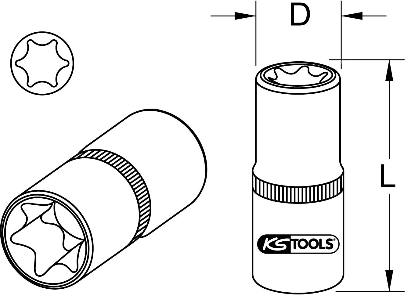 'KSTools' globoki natični ključ, cilindrične oblike, zgoraj 6-robni profil, skica z merami 'D' in 'L'.
