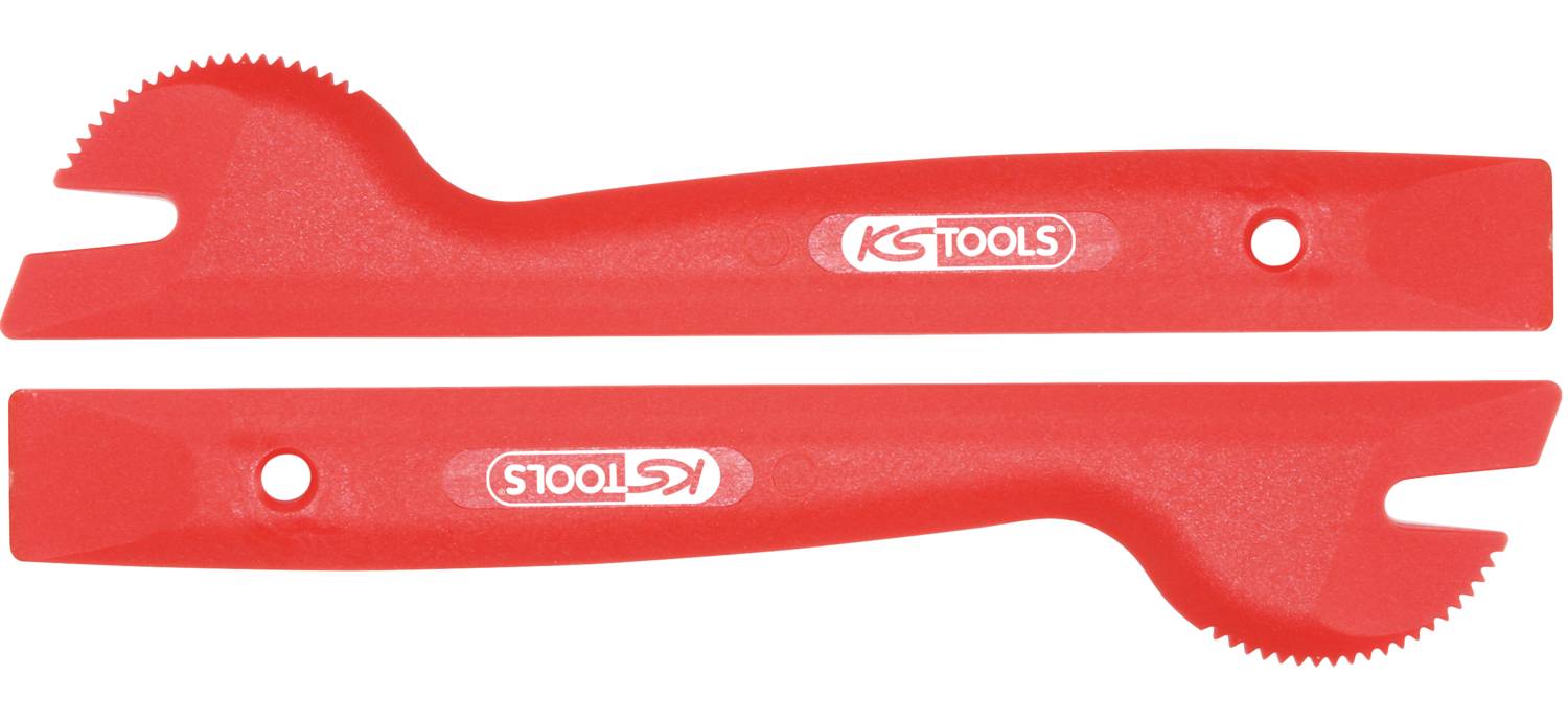 Rdeče plastično orodje znamke KS Tools z nažlebljenim koncem, primerno za odstranjevanje oblog ali tesnil v avtomobilskih aplikacijah.