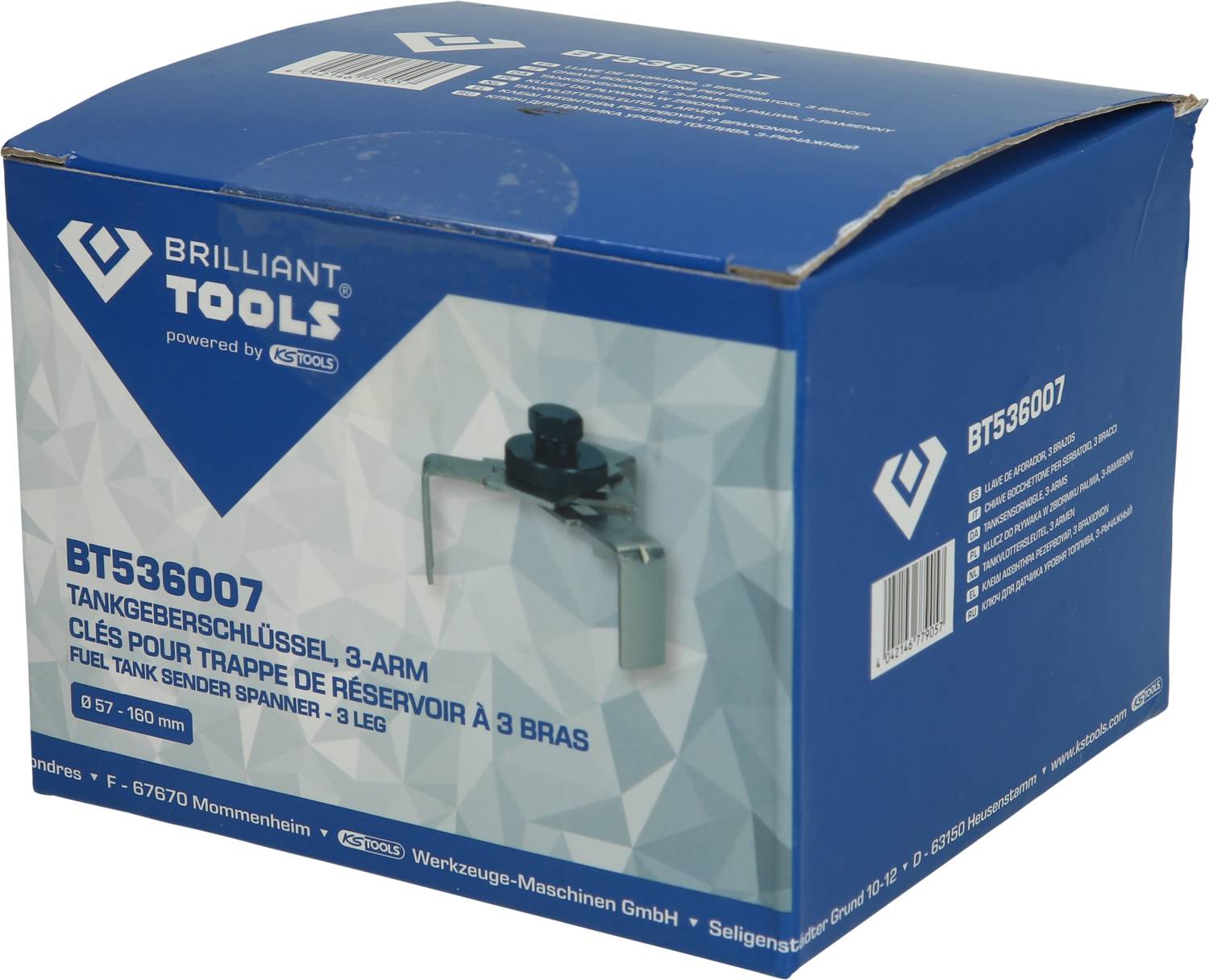 Moder karton z napisom 'BT536007 Ključ za merilnik goriva, 3-ročni'. Slika orodja; Proizvajalec: Brilliant Tools.
