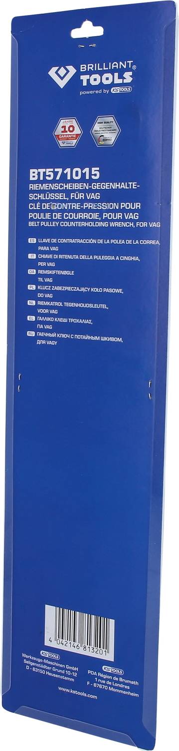 Modro orodjno set znamke Brilliant Tools, model BT571015, z navedenimi specifikacijami in črtno kodo na embalaži. 10 let garancije.